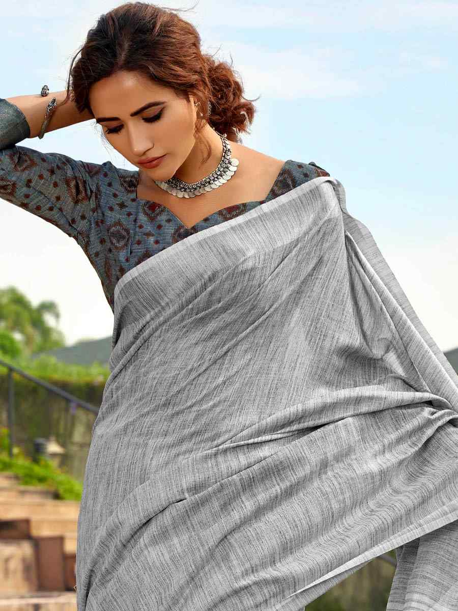 Grey Soft linen Silk Printed Casual Festival Contemporary Saree
