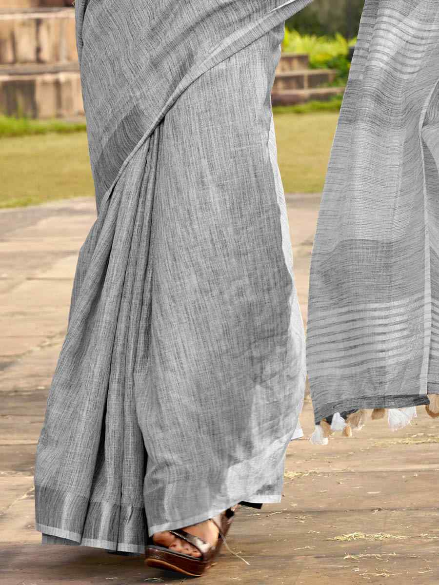 Grey Soft linen Silk Printed Casual Festival Contemporary Saree