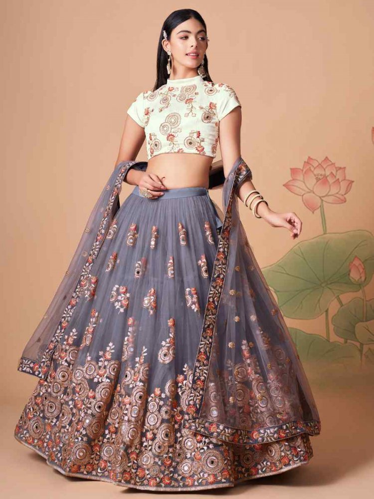 Grey Soft Net Embroidered Reception Festival Heavy Border Lehenga Choli