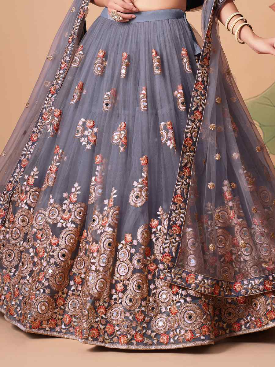 Grey Soft Net Embroidered Reception Festival Heavy Border Lehenga Choli