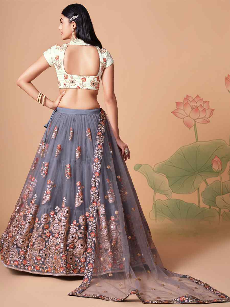 Grey Soft Net Embroidered Reception Festival Heavy Border Lehenga Choli