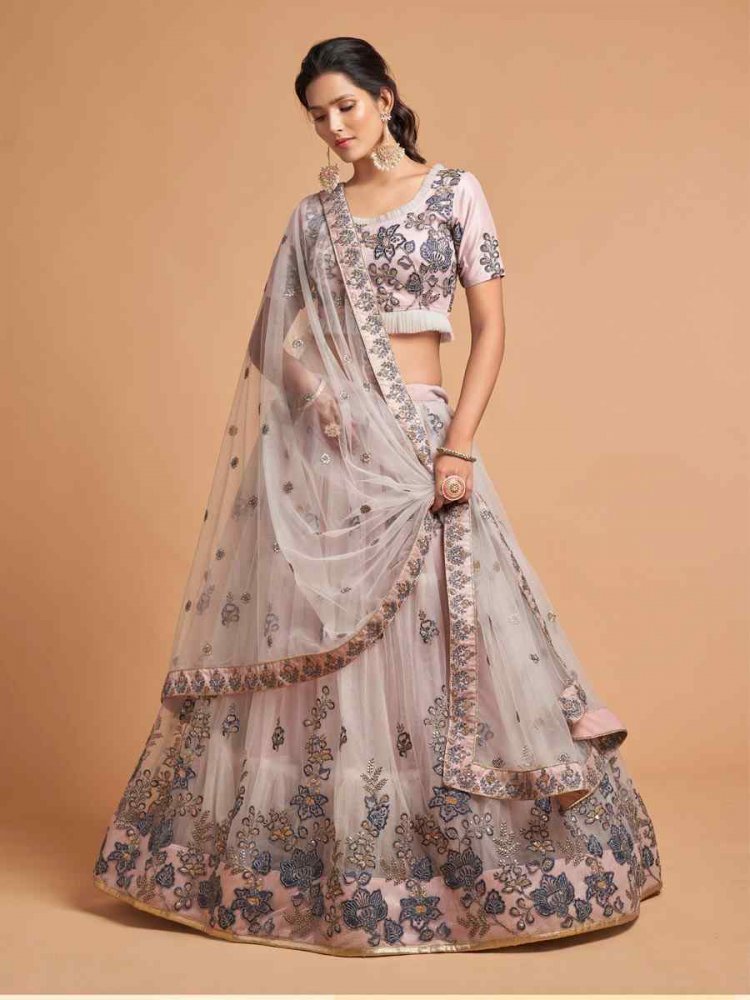 Grey Soft Net Embroidered Sequins Wedding Bridesmaid Circular Lehenga Choli