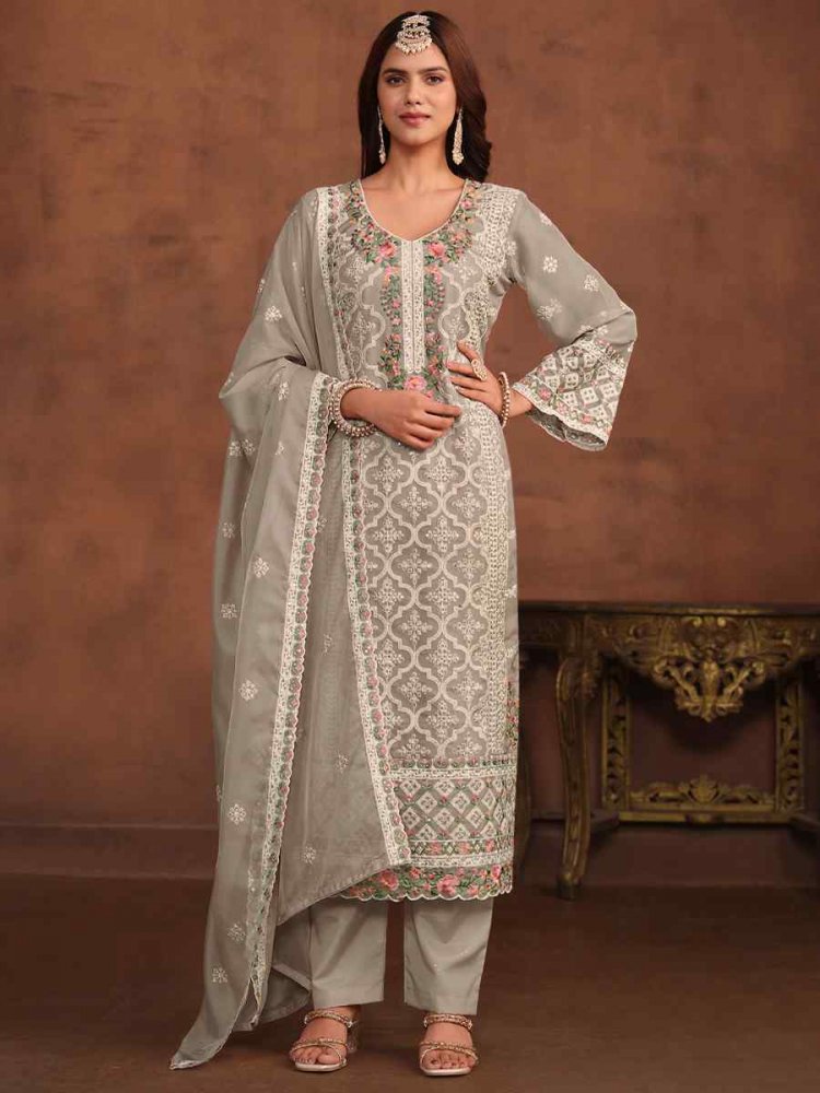 Grey Soft Organza Embroidered Festival Wedding Pant Salwar Kameez
