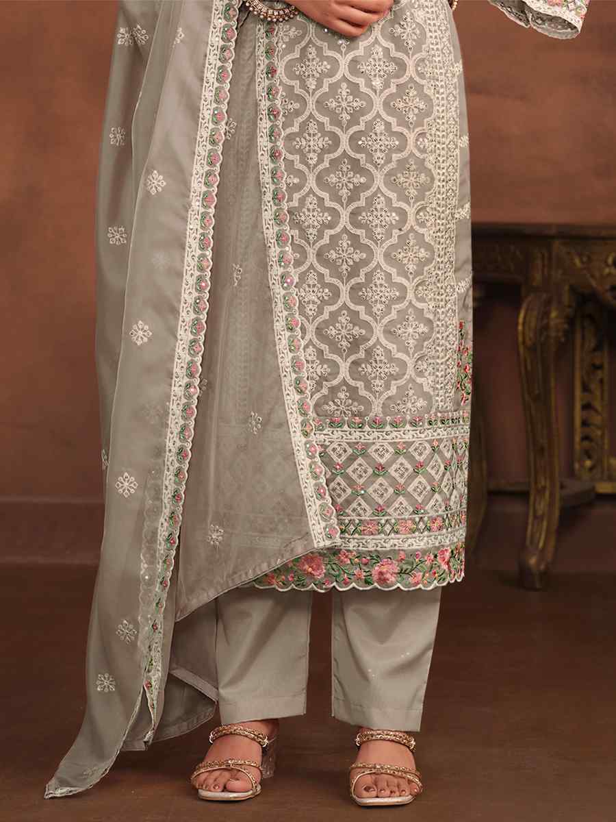 Grey Soft Organza Embroidered Festival Wedding Pant Salwar Kameez