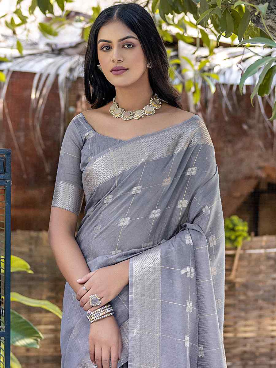 Grey Soft Resham Silk Handwoven Wedding Festival Heavy Border Saree