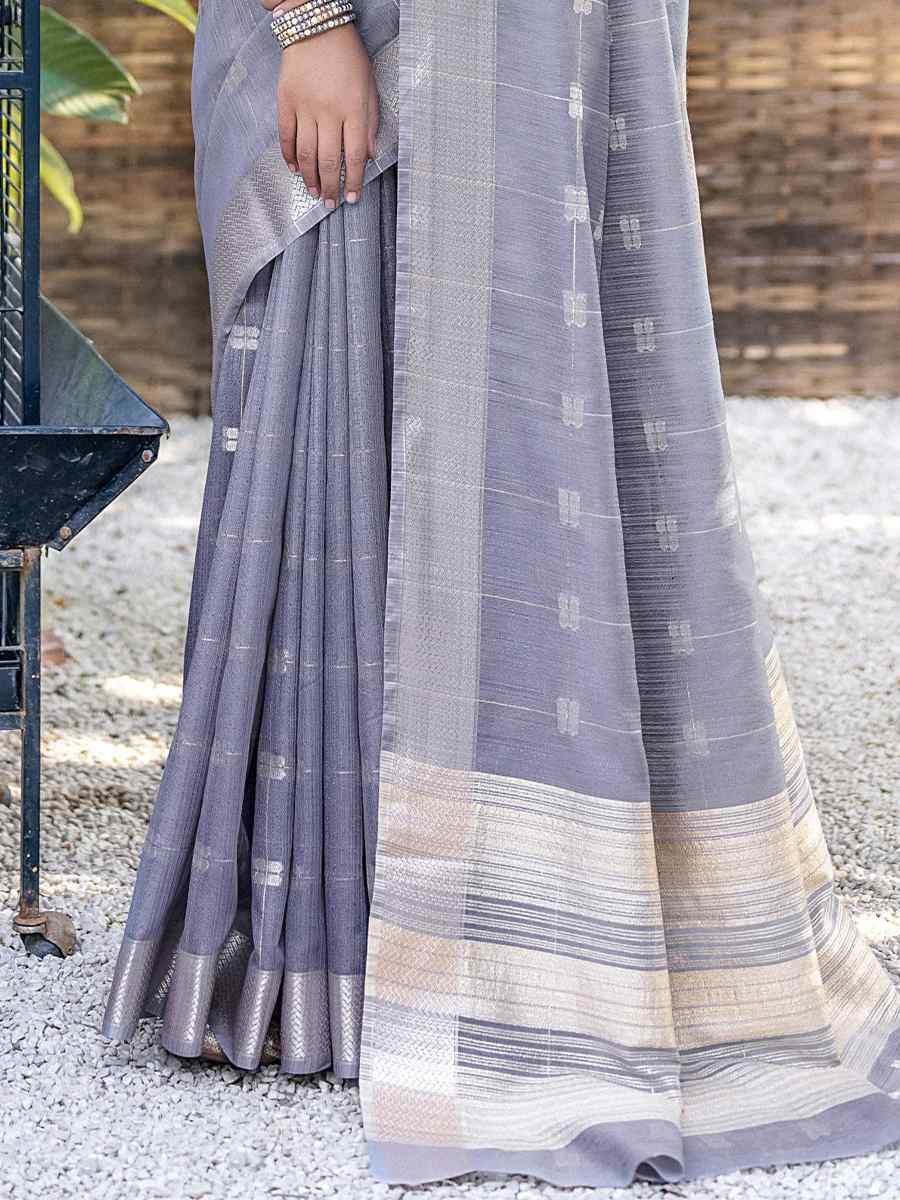 Grey Soft Resham Silk Handwoven Wedding Festival Heavy Border Saree
