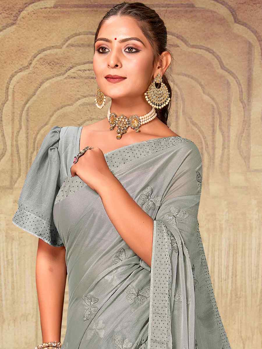 Grey Soft Silk Chiffon Embroidered Wedding Party Heavy Border Saree