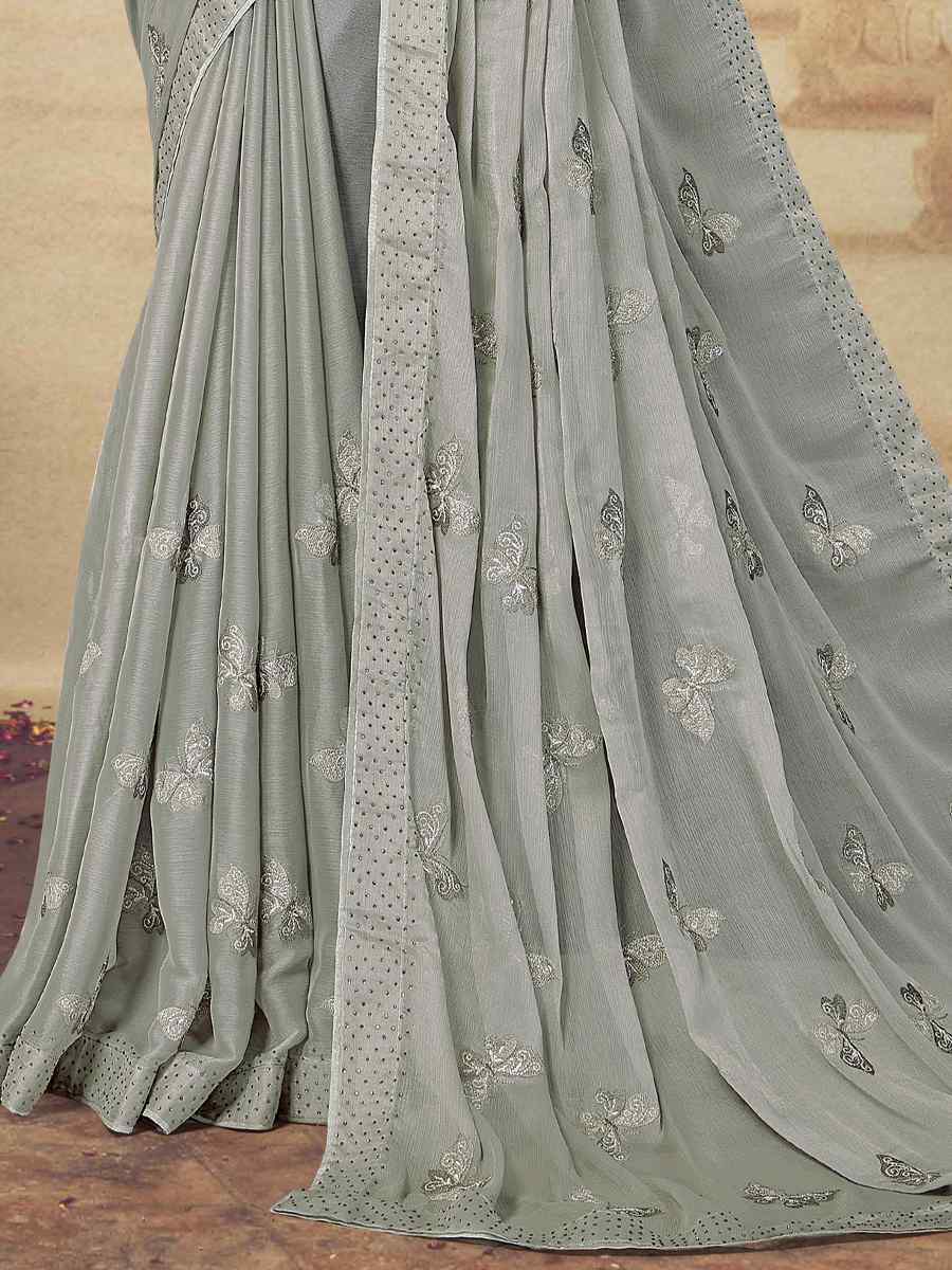 Grey Soft Silk Chiffon Embroidered Wedding Party Heavy Border Saree