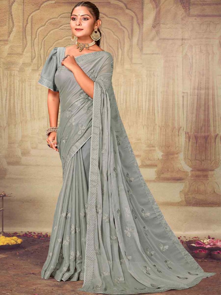 Grey Soft Silk Chiffon Embroidered Wedding Party Heavy Border Saree