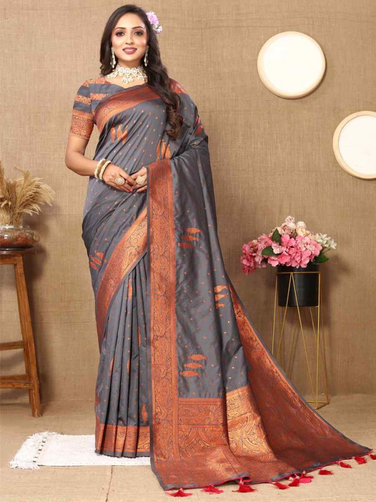 Grey Soft Silk Handwoven Casual Festival Heavy Border Saree