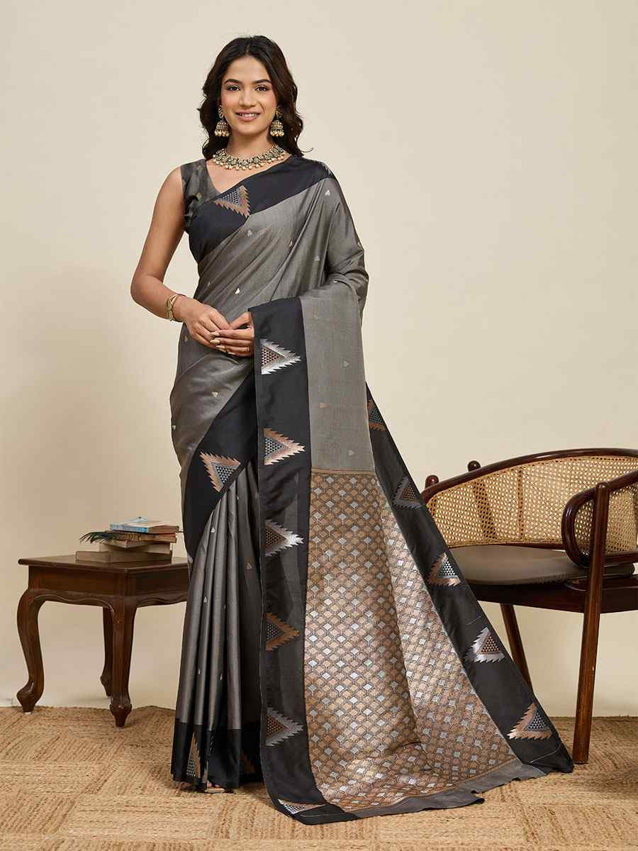 Grey Soft Silk Handwoven Casual Reception Festival Wedding Fancy Heavy Border Saree