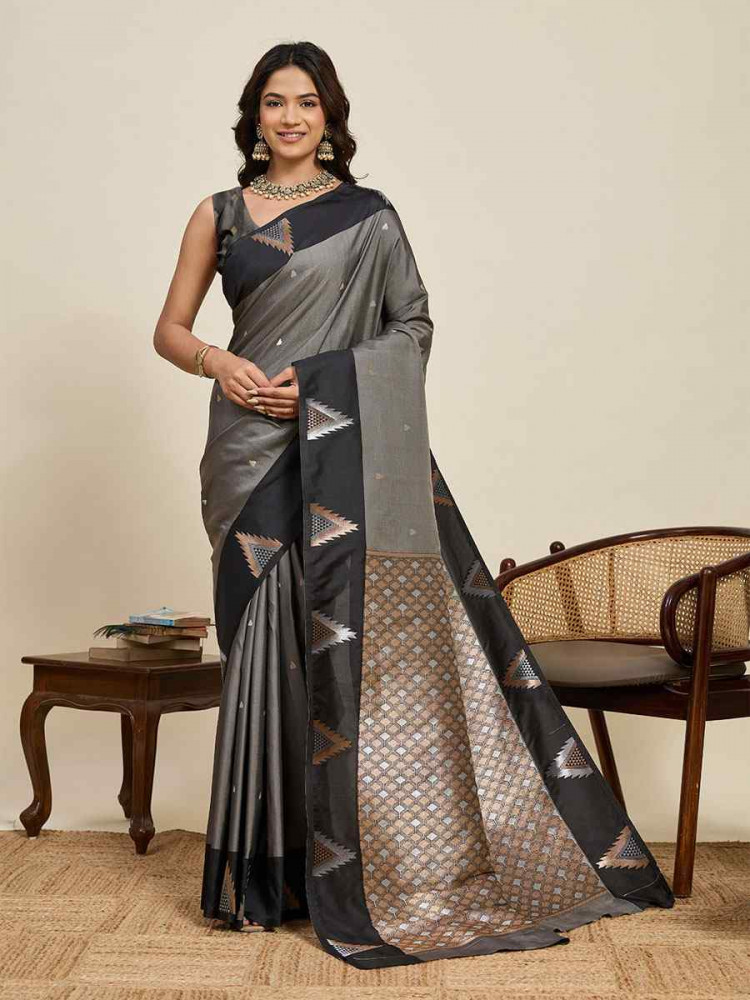 Image of Grey Soft Silk Handwoven Casual Reception Festival Wedding Fancy Heavy Border Saree