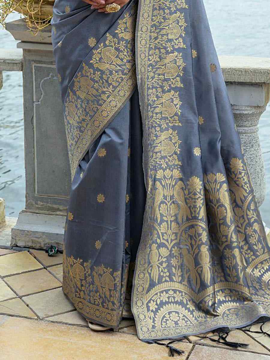 Grey Soft Silk Handwoven Wedding Festival Heavy Border Saree