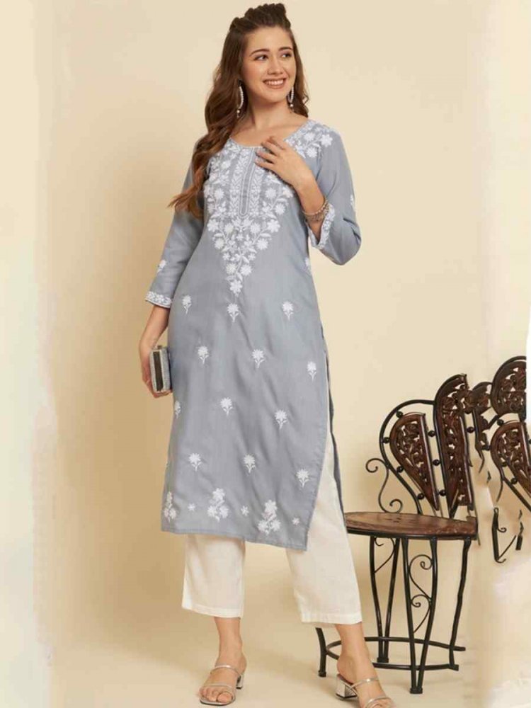 Grey Soft Slub Cotton Embroidered Festival Casual Kurti