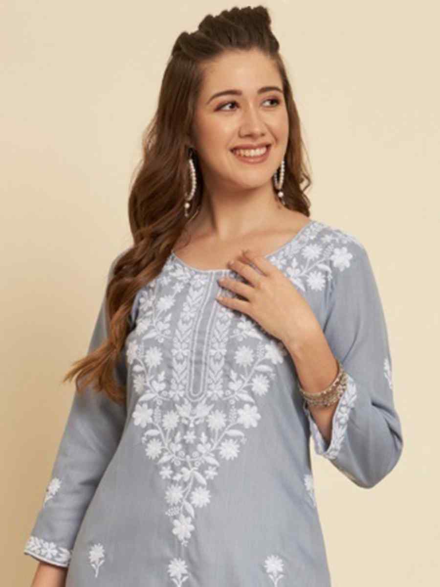 Grey Soft Slub Cotton Embroidered Festival Casual Kurti