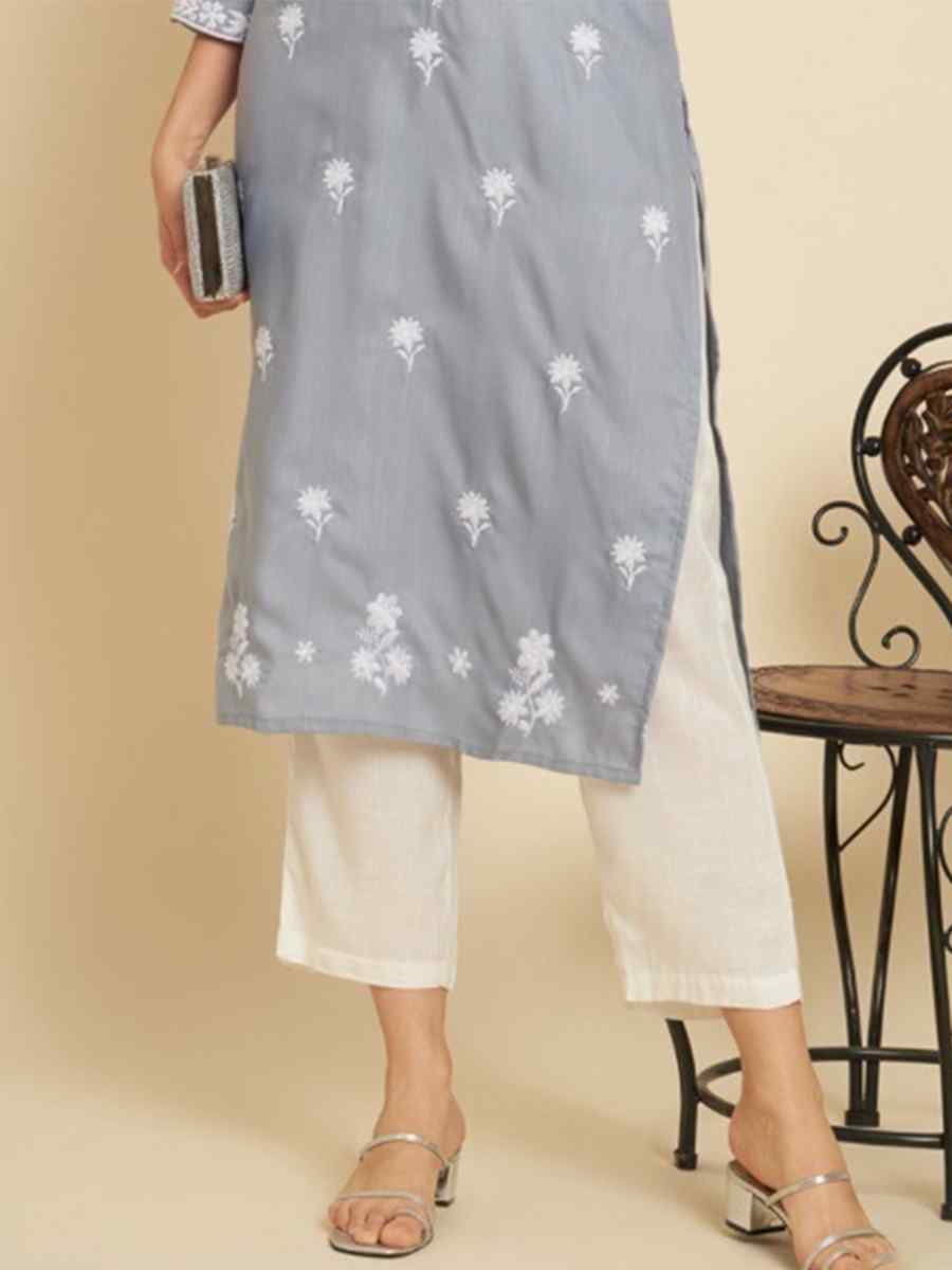 Grey Soft Slub Cotton Embroidered Festival Casual Kurti