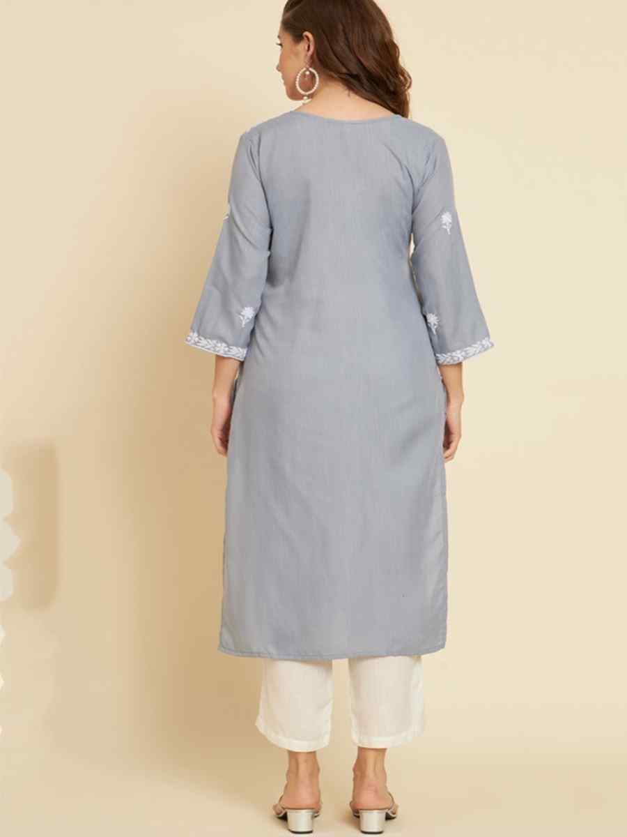 Grey Soft Slub Cotton Embroidered Festival Casual Kurti