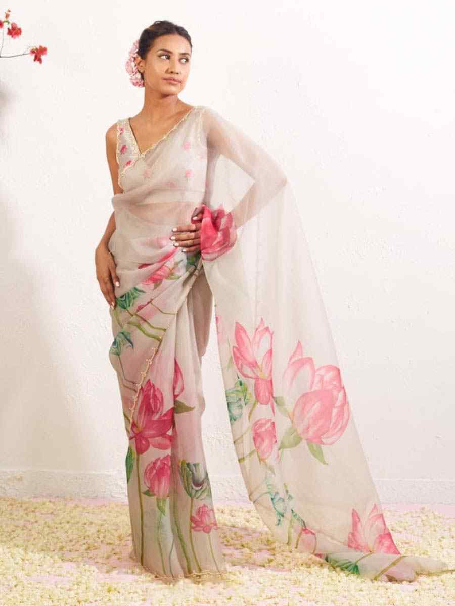 Grey Soft Tebi Silk Embroidered Festival Wedding Fancy Heavy Border Saree