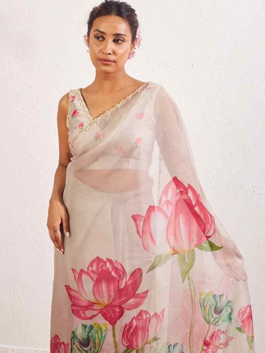 Grey Soft Tebi Silk Embroidered Festival Wedding Fancy Heavy Border Saree