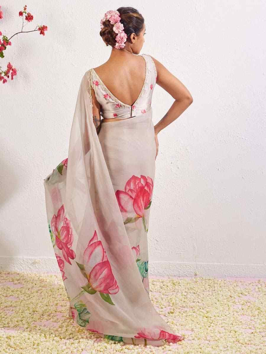 Grey Soft Tebi Silk Embroidered Festival Wedding Fancy Heavy Border Saree