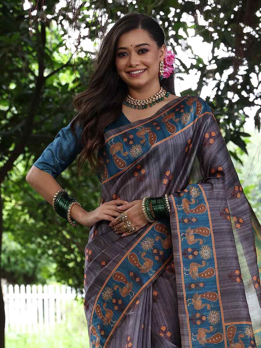 Grey Soft Tussar Silk Handwoven Festival Wedding Heavy Border Saree