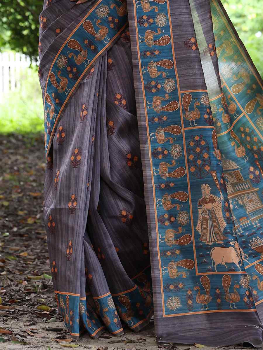 Grey Soft Tussar Silk Handwoven Festival Wedding Heavy Border Saree