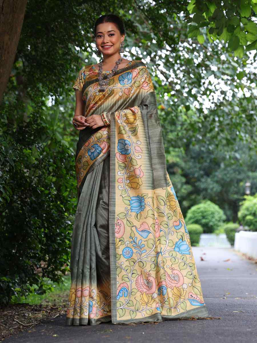 Grey Soft Tussar Silk Printed Casual Reception Festival Wedding Fancy Classic Style Sarees