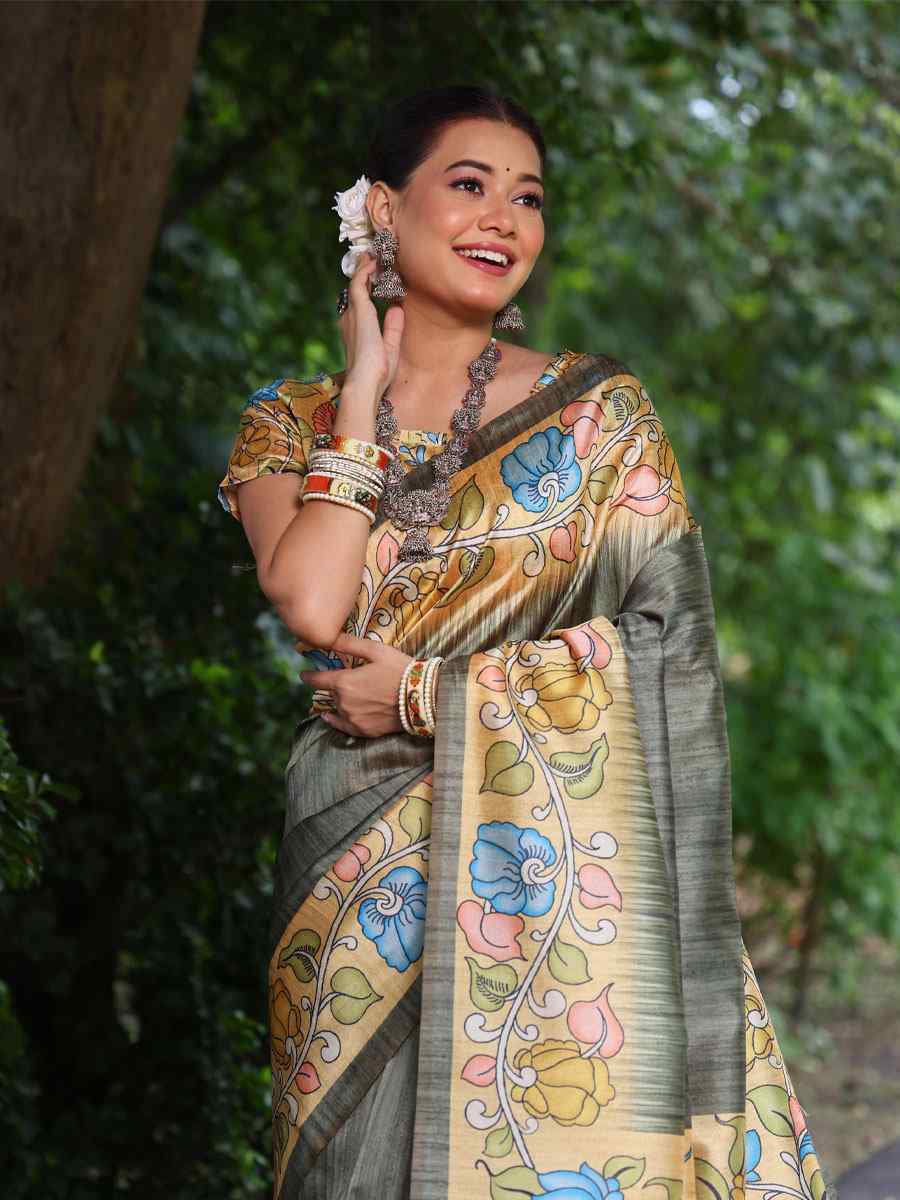 Grey Soft Tussar Silk Printed Casual Reception Festival Wedding Fancy Classic Style Sarees