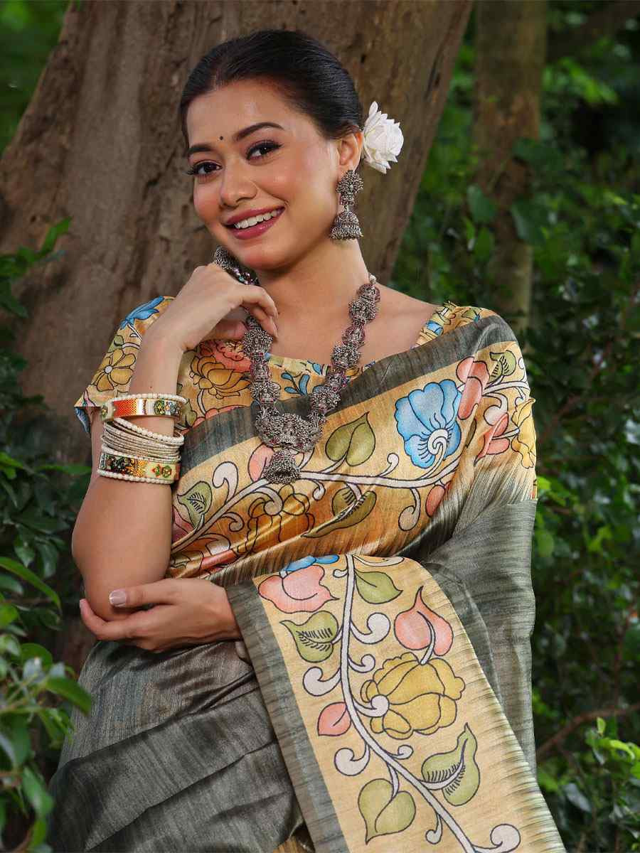 Grey Soft Tussar Silk Printed Casual Reception Festival Wedding Fancy Classic Style Sarees