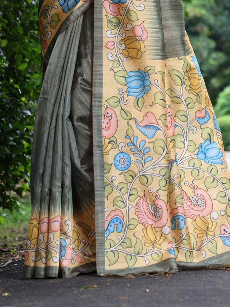Grey Soft Tussar Silk Printed Casual Reception Festival Wedding Fancy Classic Style Sarees