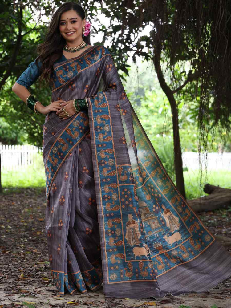 Image of Grey Soft Tussar Silk Zari Handwoven Casual Reception Festival Wedding Fancy Classic Style Sarees