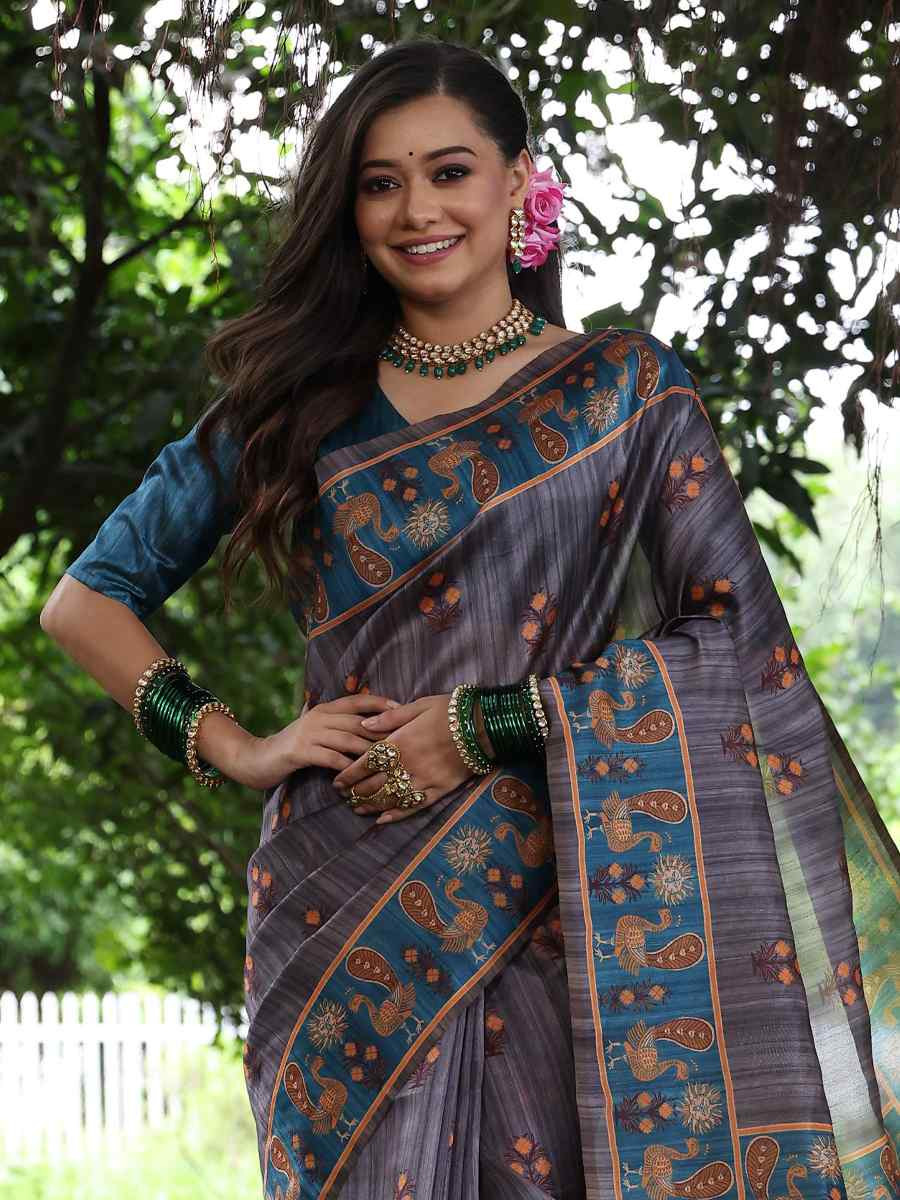 Grey Soft Tussar Silk Zari Handwoven Casual Reception Festival Wedding Fancy Classic Style Sarees