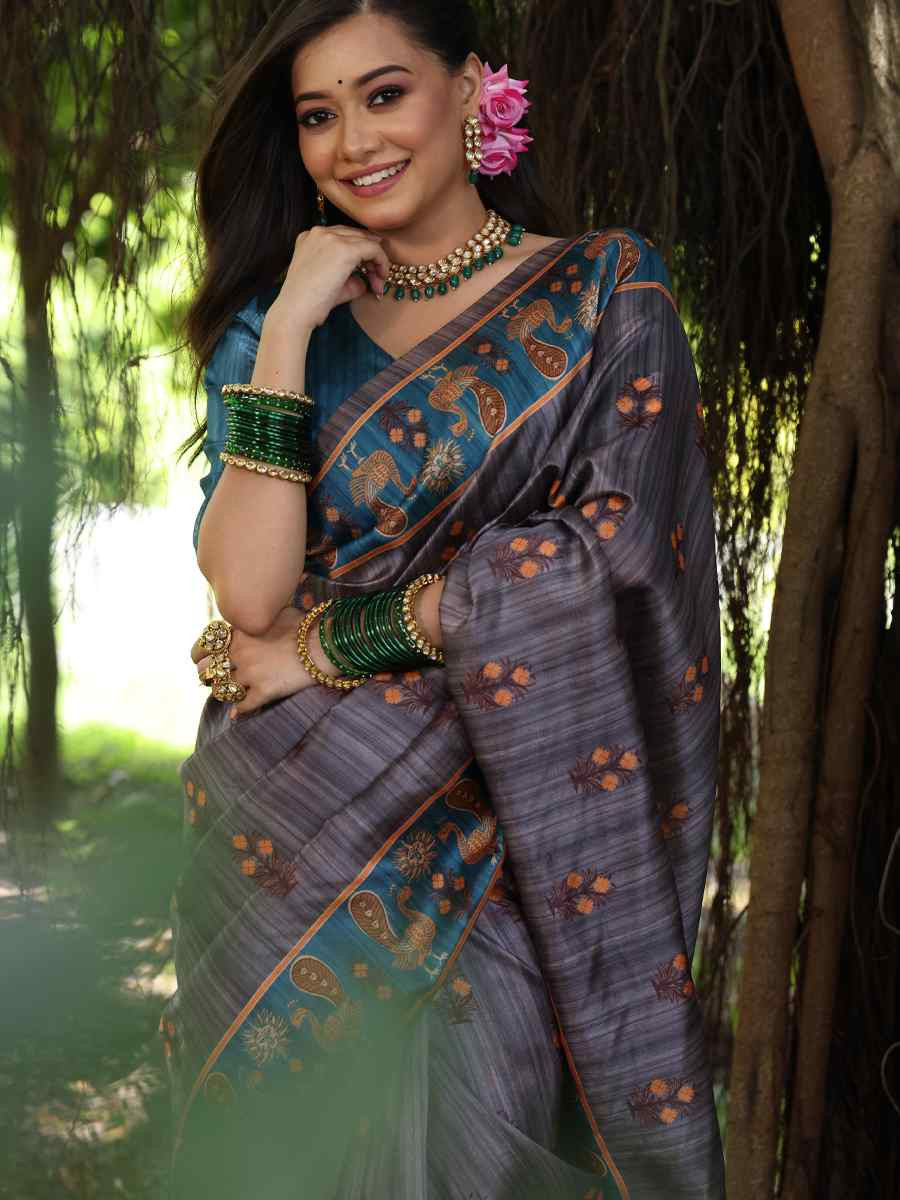 Grey Soft Tussar Silk Zari Handwoven Casual Reception Festival Wedding Fancy Classic Style Sarees