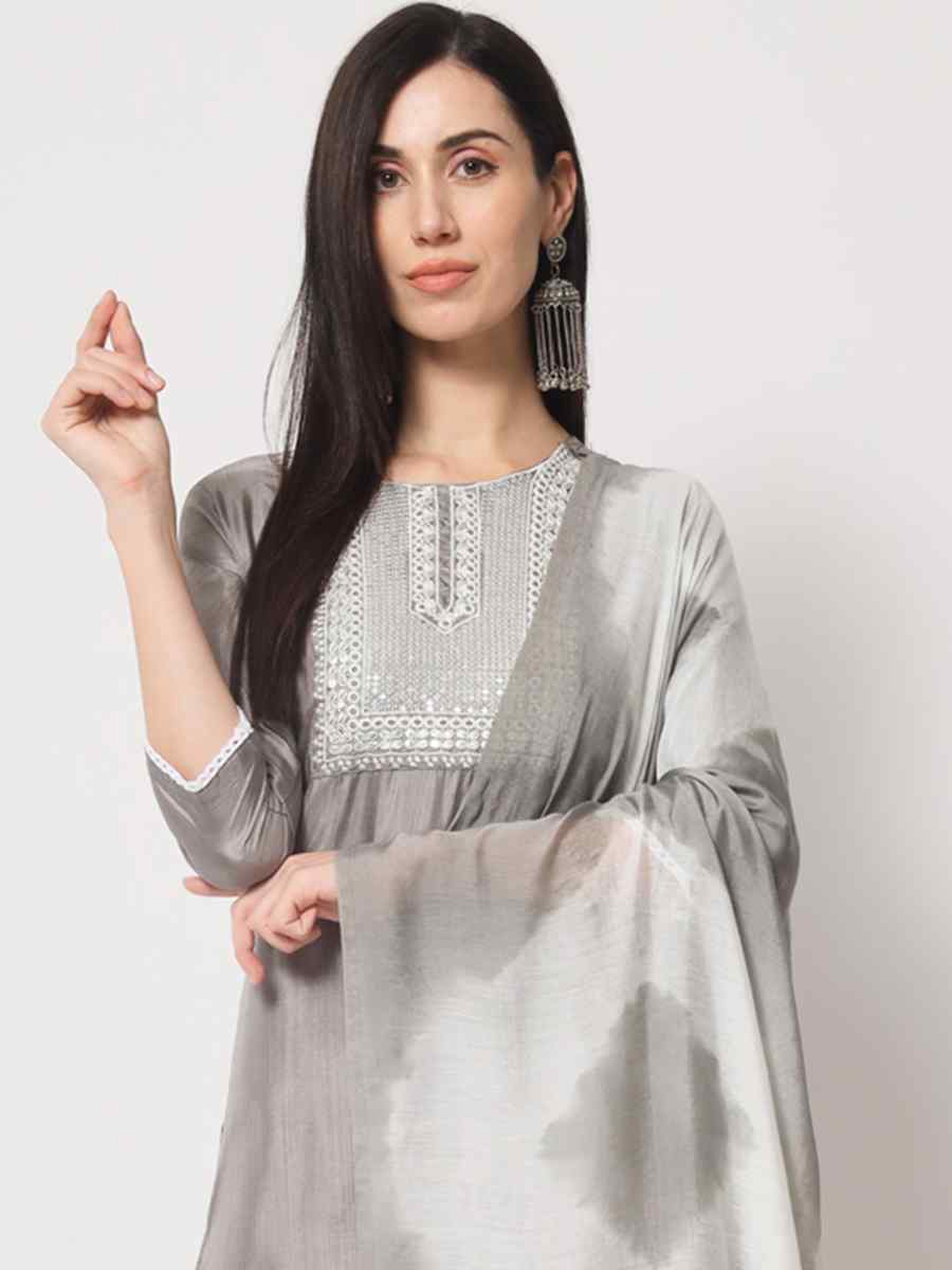 Grey South Silk Embroidered Festival Casual Ready Pant Salwar Kameez