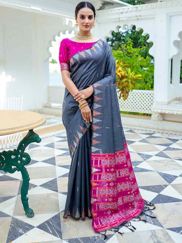 Grey South Silk Handwoven Wedding Festival Heavy Border Saree