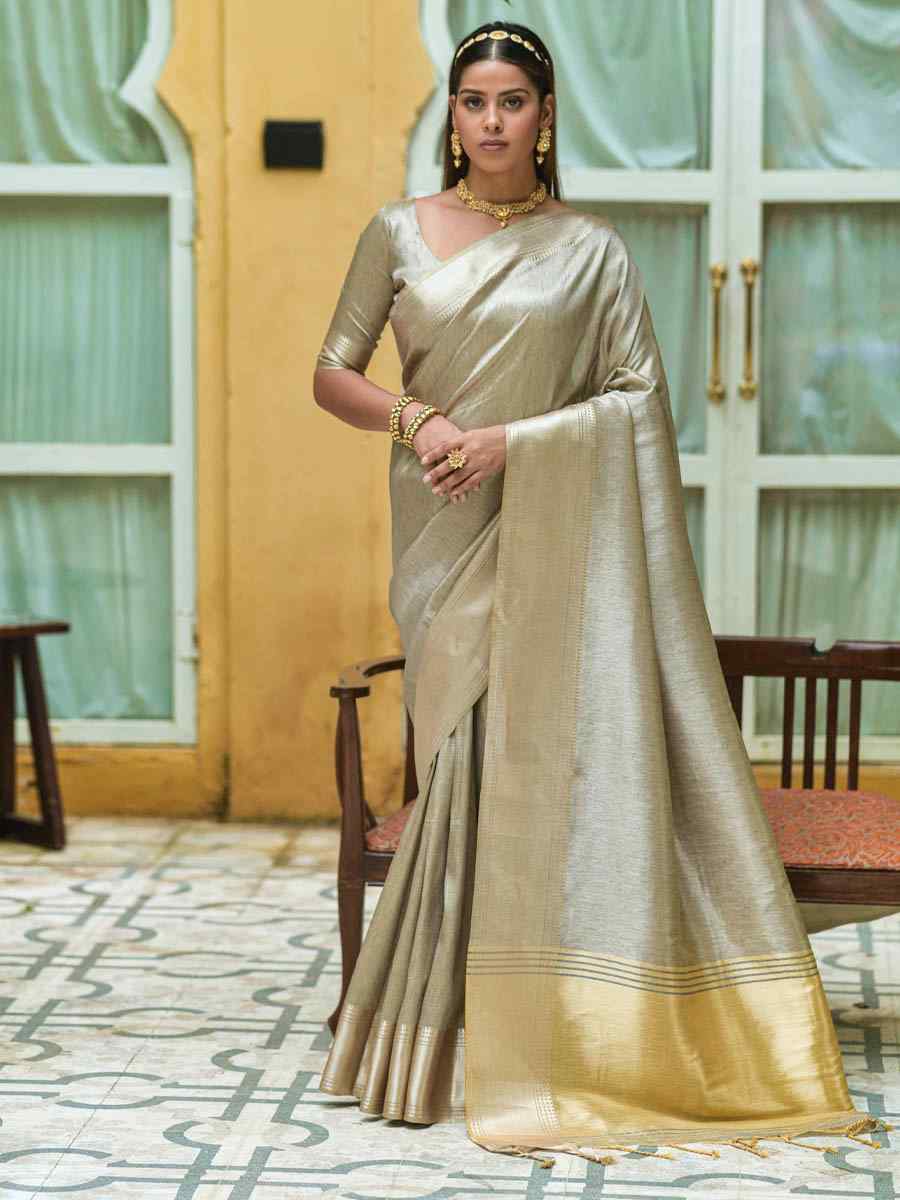 Grey South Silk Handwoven Wedding Festival Heavy Border Saree