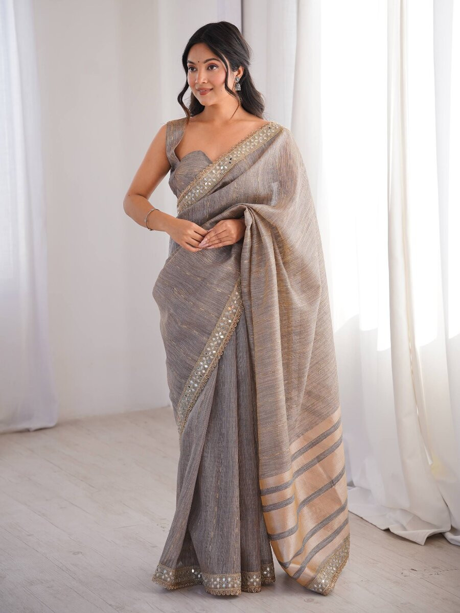 Grey Spun Cotton Embroidery Woven Designer Wedding Reception Party Festival Casual Heavy Border Sarees
