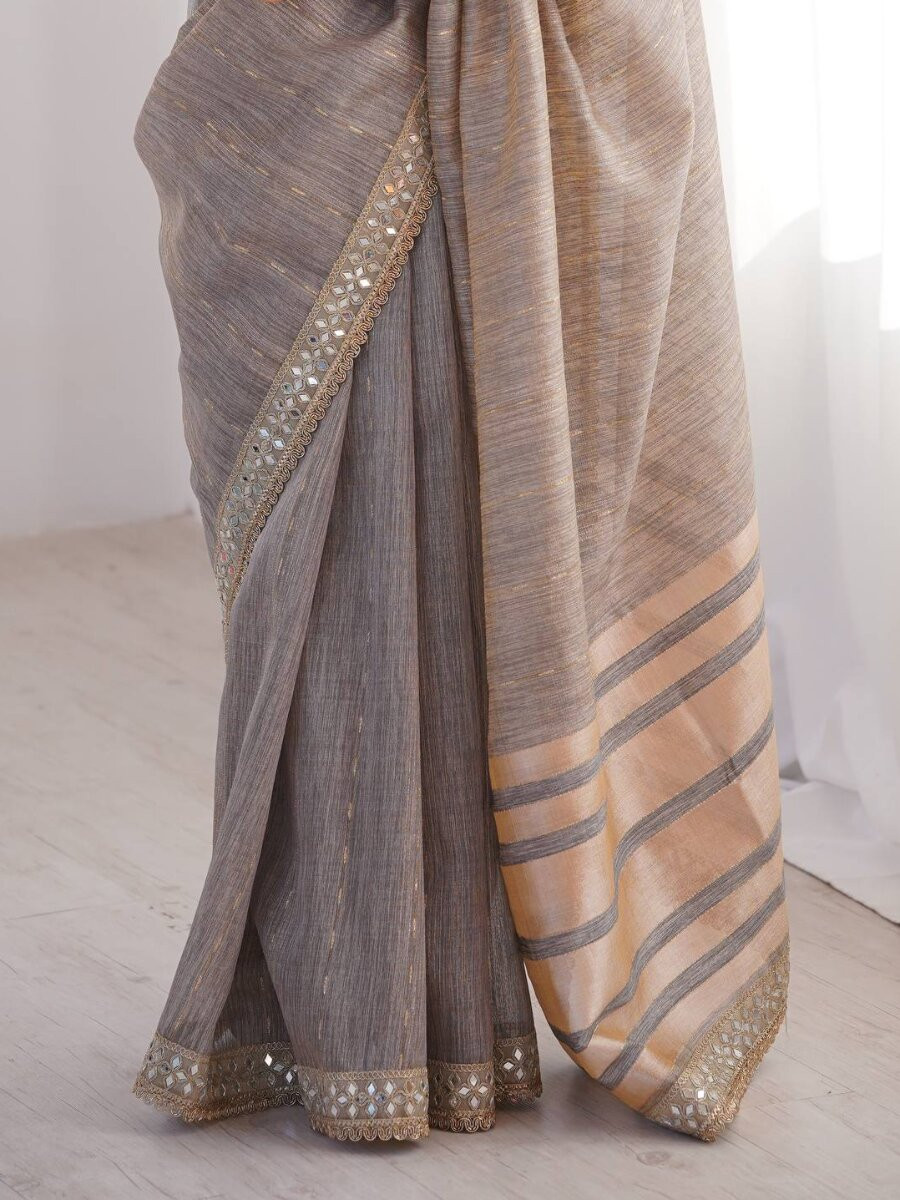 Grey Spun Cotton Embroidery Woven Designer Wedding Reception Party Festival Casual Heavy Border Sarees