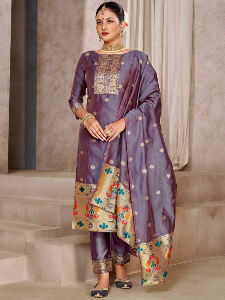 Grey Tapeta Silk Embroidered Casual Festival Pant Salwar Kameez