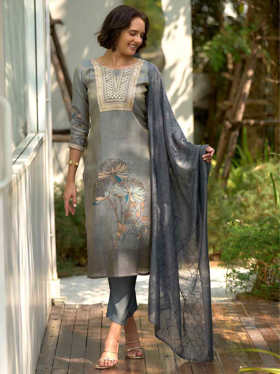 Grey Tissue Embroidered Party Wedding Ready Pant Salwar Kameez