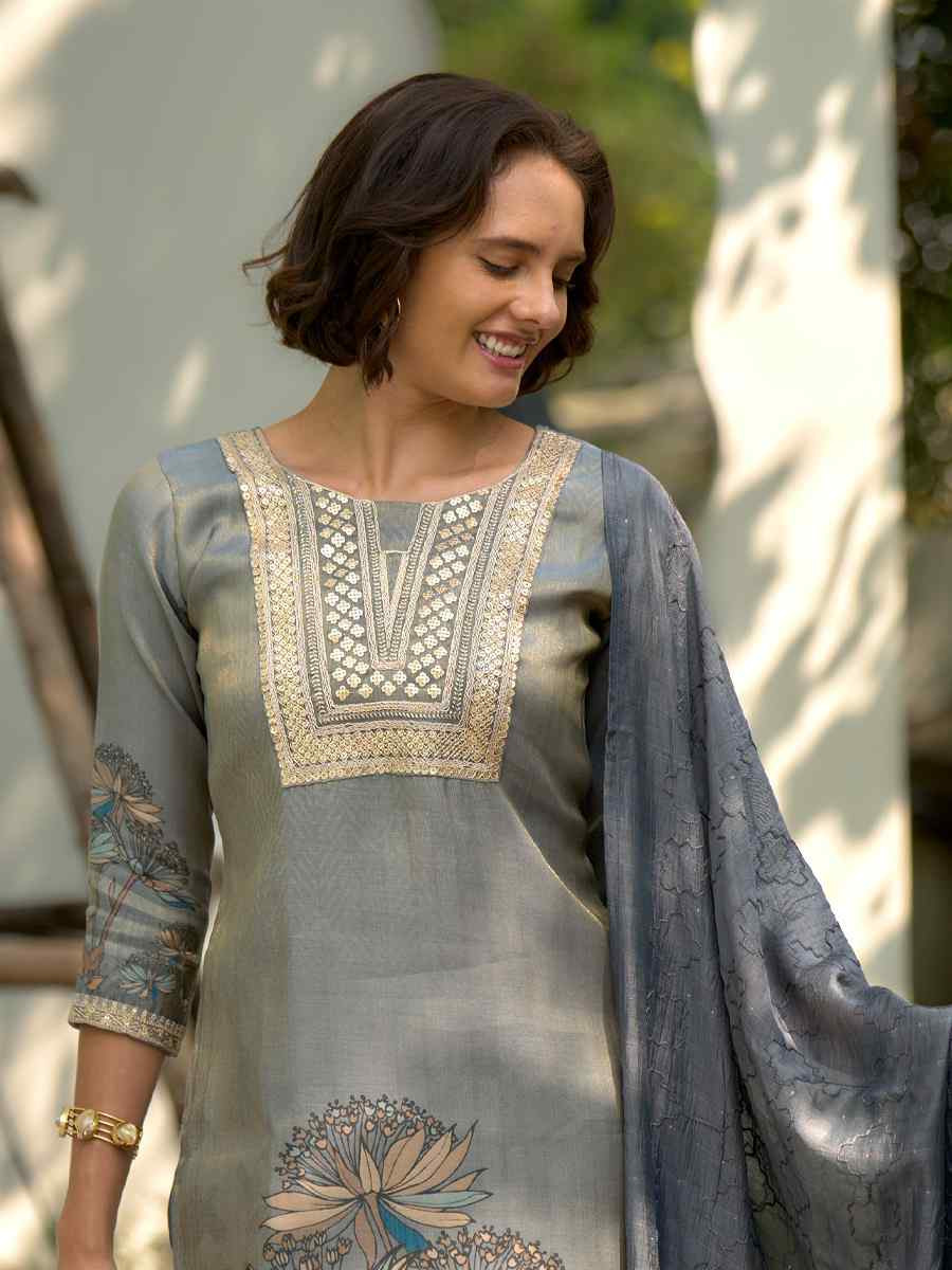 Grey Tissue Embroidered Party Wedding Ready Pant Salwar Kameez