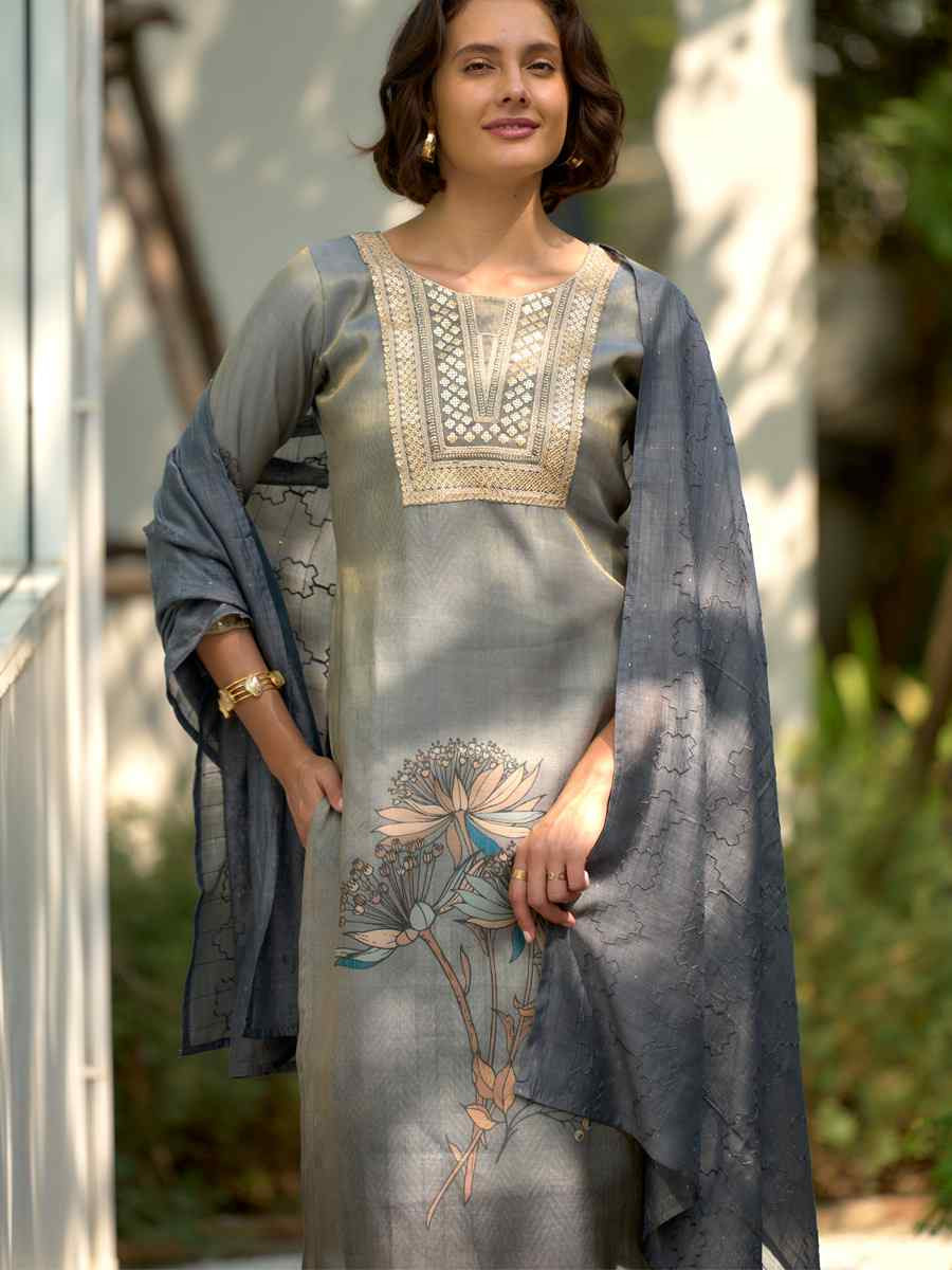 Grey Tissue Embroidered Party Wedding Ready Pant Salwar Kameez