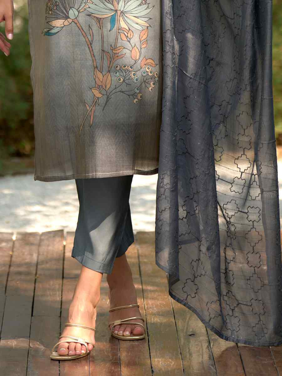 Grey Tissue Embroidered Party Wedding Ready Pant Salwar Kameez