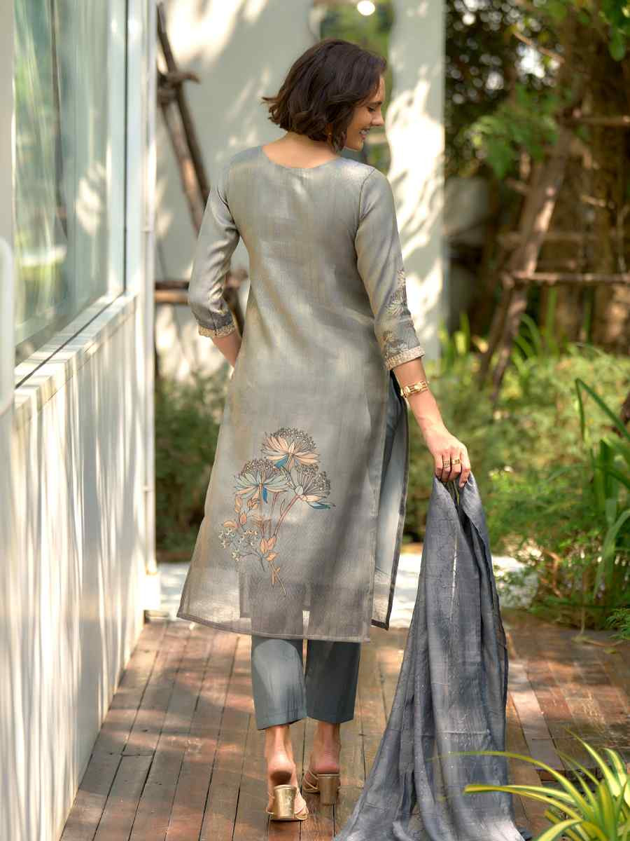 Grey Tissue Embroidered Party Wedding Ready Pant Salwar Kameez