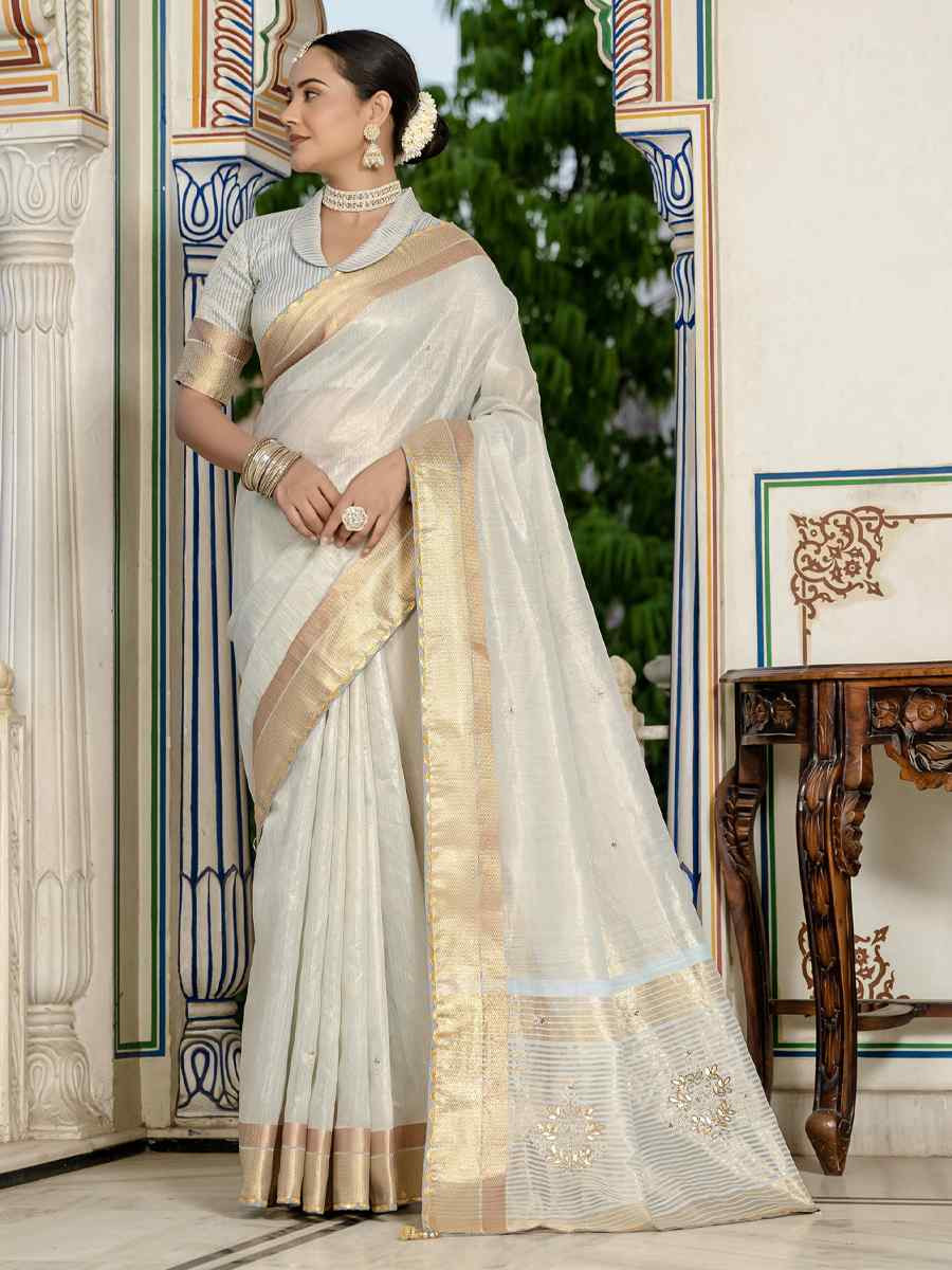 Grey Tissue Linen Handwoven Festival Wedding Fancy Heavy Border Saree