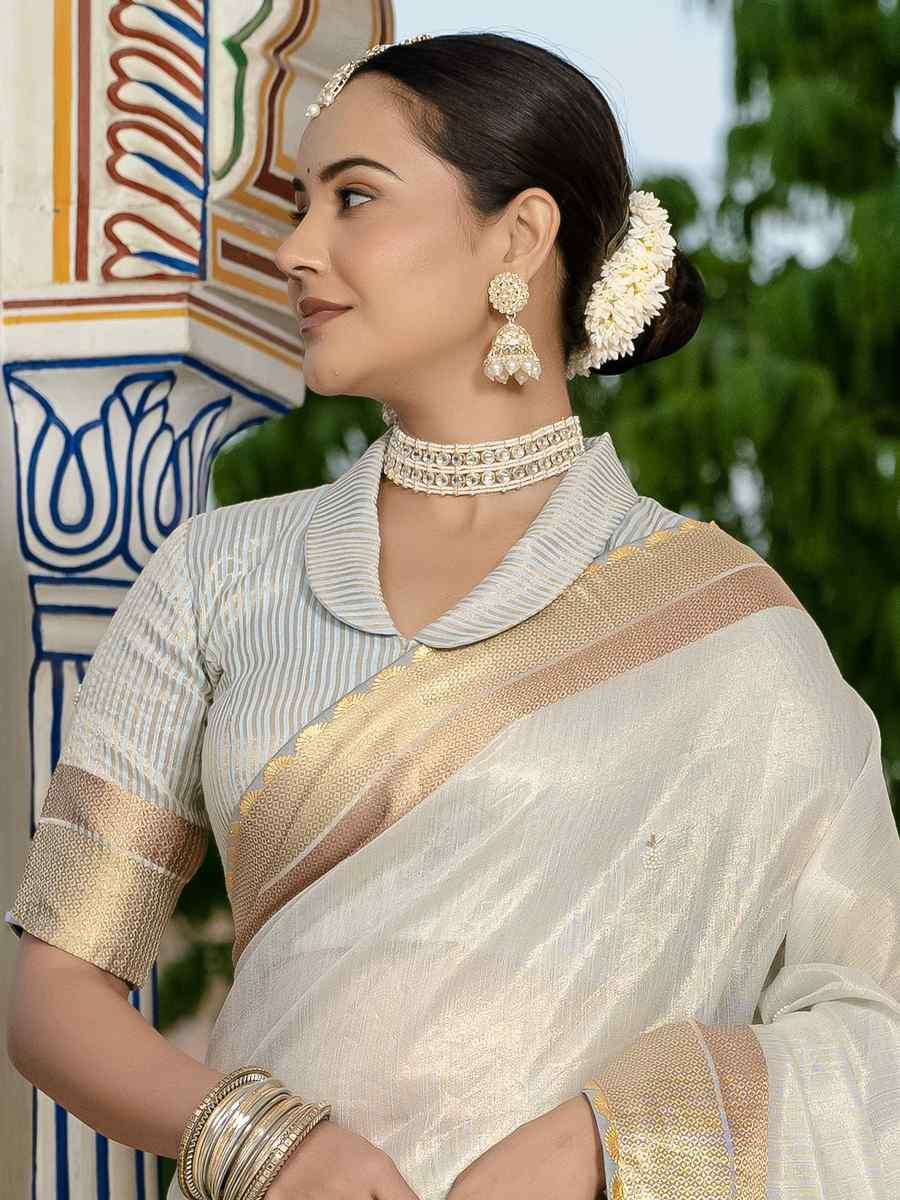 Grey Tissue Linen Handwoven Festival Wedding Fancy Heavy Border Saree