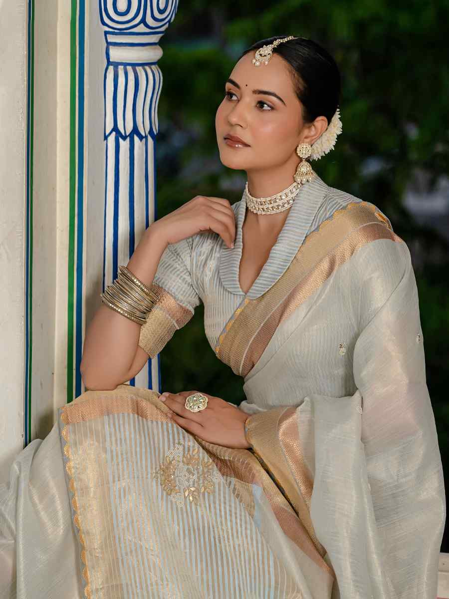 Grey Tissue Linen Handwoven Festival Wedding Fancy Heavy Border Saree