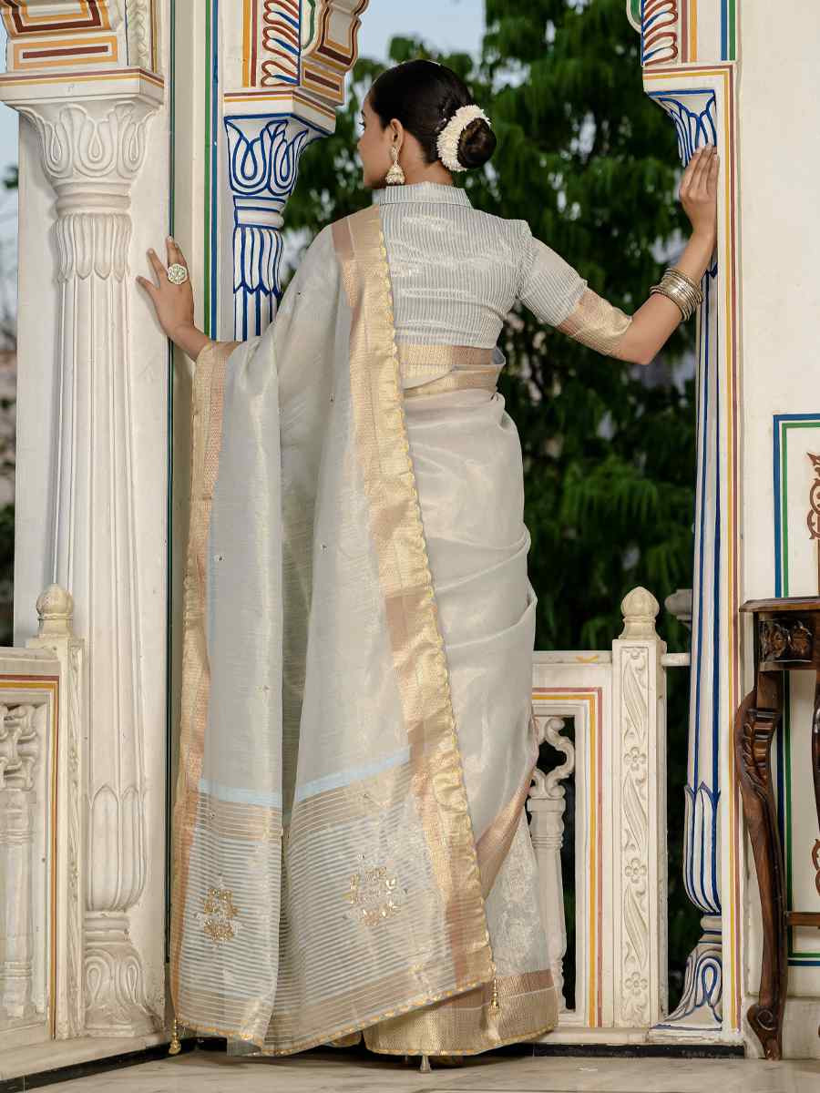 Grey Tissue Linen Handwoven Festival Wedding Fancy Heavy Border Saree