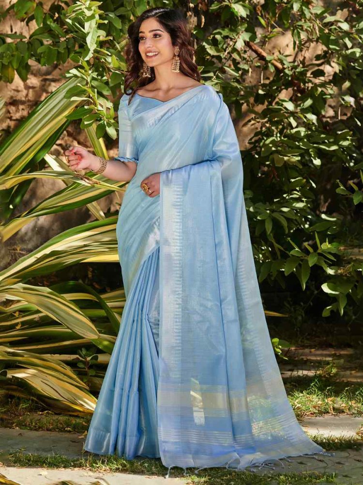 Light Blue Tissue Linen Handwoven Party Festival Heavy Border Saree