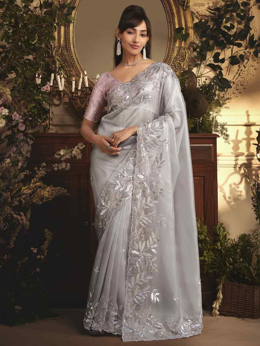 Grey Tissue Organza Embroidery Traditional Bridal Reception Festival Wedding Fancy Heavy Border Saree